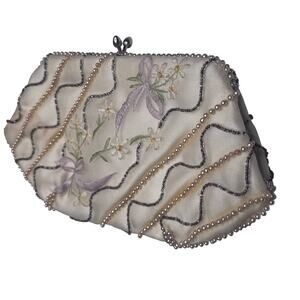 1950s Ivory Beaded Floral Satin Clutch Made in Japan Bag By Debbi